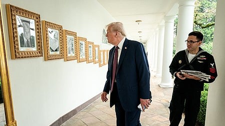 डोनाल्ड ट्रंप  दीवार पर लगे तस्वीर को देख रहे है 