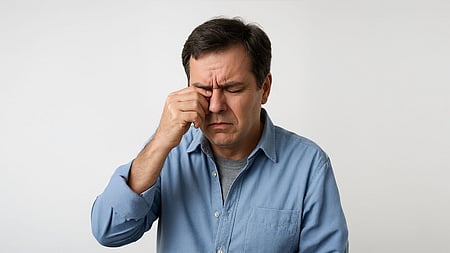 एक पुरुष आँखों को छूतें हुए बैठा है 