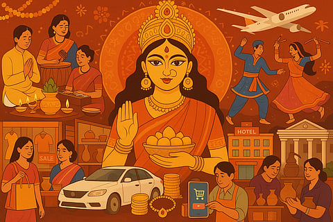 लक्ष्मी जी की चित्रण जिसमें वे मिठाइयों के साथ आशीर्वाद दे रही हैं। पृष्ठभूमि में दीवाली उत्सव, खरीदारी, नृत्य और यात्रा के दृश्य गर्म रंगों में दिखाए गए हैं – समृद्धि, खुशहाली और त्योहार की भावना का प्रतीक।