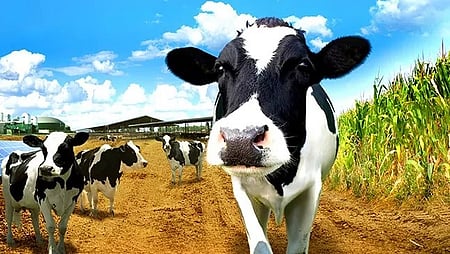 चरते हुए काले और सफ़ेद रंग की गाय है जिसके पीछे हरी फ़सल भी है 