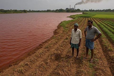 इस तस्वीर में दो आदमी खड़े हैं, और उनके बगल से एक नदी बह रही है, जिसका पानी लाल रंग का है।