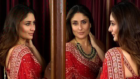 करीना कपूर लाल रंग के आउटफिट में नजर आ रही है।