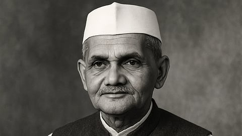 लाल बहादुर शास्त्री की ए.आई जनरेटेड तस्वीर जिसमे उन्होंने सफ़ेद रंग की टोपी पहनी है 