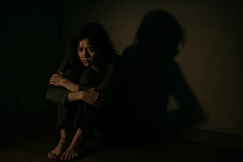 अंधेरे कमरे में एक महिला फर्श पर बैठी है, घुटनों को सीने से लगाकर उदास और चिंतित नज़र आ रही है। 