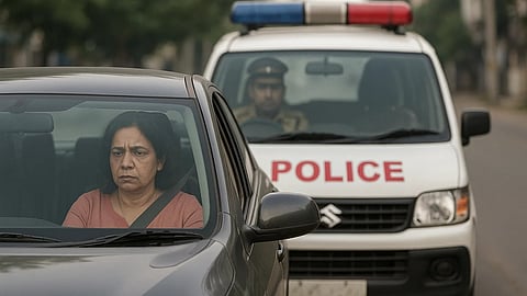 A middle-aged woman car चला रही है, उसके चेहरे पर serious और tense expression है। पीछे एक police van खड़ी है जिसमें एक police officer बैठा दिखाई दे रहा है। Scene एक शांत सड़क पर हो रहा है।
