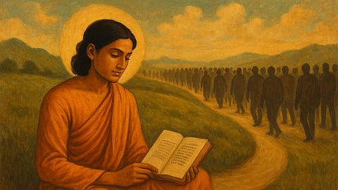 एक व्यक्ति हाथ में किताब लिए बैठा है 
