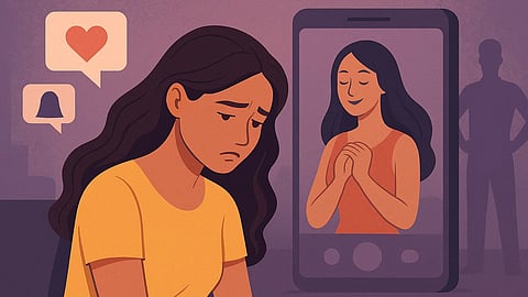 एक लड़की उदास बैठी है, मोबाइल फ़ोन है 