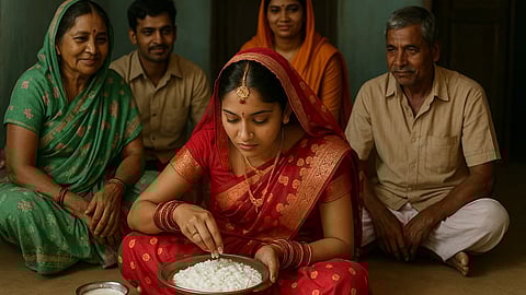 एक दुल्हन (Bride) बैठी है और वो दही भात खा रही है , और उसके पीछे उसके कुछ परिवार वाले मुस्कुराते हुए बैठे है 