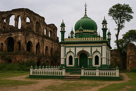 इस तस्वीर में एक दरगाह है, जो हरे और सफेद रंग से रंगी हुई है।