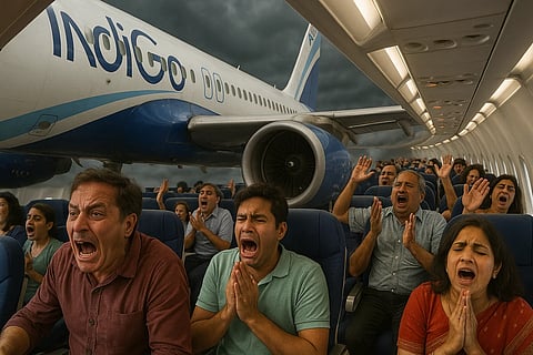 इस तस्वीर में विमान के अंदर यात्री बैठे हैं और तेज़ झटकों के कारण घबराए हुए दिख रहे हैं।