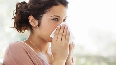 सर्दी-जुकाम से परेशान महिला अपनी नाक को पकड़ती हुई|