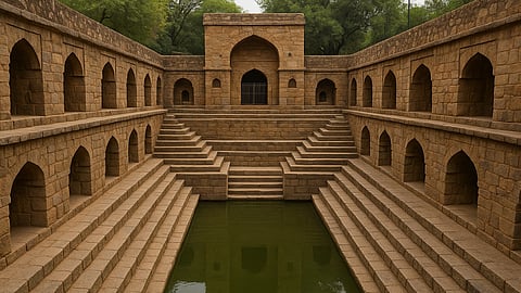 इस फोटो में दिखाई दे रही बावली पूरी तरह से लाल और भूरे बलुआ पत्थरों से निर्मित है। इसमें एक गुंबददार ढांचा है जिसके नीचे मेहराबदार प्रवेश द्वार और नीचे की ओर जाती सीढ़ियों की लंबी श्रेणी देखी जा सकती है। इन सीढ़ियों से लोग पुराने समय में नीचे उतरकर पानी तक पहुंचते थे।