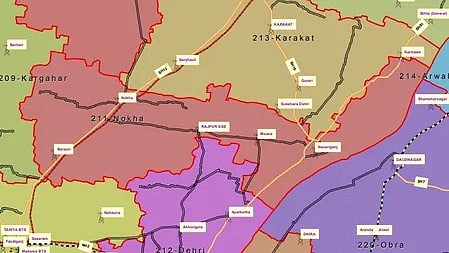 बिहार का नक्शा, जिसमें विभिन्न जिले और क्षेत्रों के नाम दिखाई दे रहे हैं।