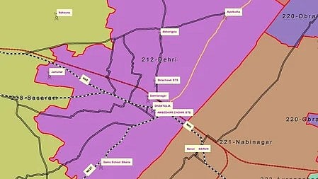 बिहार राज्य का नक्शा, जिसमें विभिन्न जिले और विधानसभा क्षेत्र दिखाई दे रहे हैं।