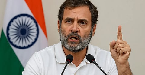 इस तस्वीर में राहुल गांधी सफेद टी-शर्ट पहने हुए हैं, और किसी मुद्दे पर तेज़ आवाज़ में बोलते हुए तथा अपनी उंगली उठाए हुए नज़र आ रहे हैं।