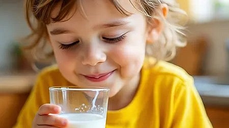 एक बच्चा आयुर्वेदिक गुणों वाला दूध पीता हुआ|