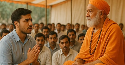 इस तस्वीर में एक गुरुदेव गेरुए वस्त्र धारण किए बैठे हैं, उनके सामने एक भक्त हाथ जोड़कर बैठा है, और वहाँ अन्य अनेक भक्तों की भी भीड़ दिखाई दे रही है।