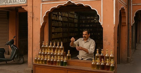 इस तस्वीर में एक दुकान दिखाई गई है, जिसमें कई सारी इत्र की शीशियाँ रखी हुई हैं।