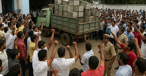 इस तस्वीर में बहुत बड़ी भीड़ दिखाई दे रही है जो एक ट्रक के चारों ओर जमा है। ट्रक पर लोहे के बने कई डिब्बे या बक्से रखे हुए हैं। भीड़ में मौजूद लोग अपने हाथ ऊपर उठाकर नारेबाज़ी कर रहे हैं, उनके चेहरों पर गुस्सा और जोश साफ़ झलक रहा है।