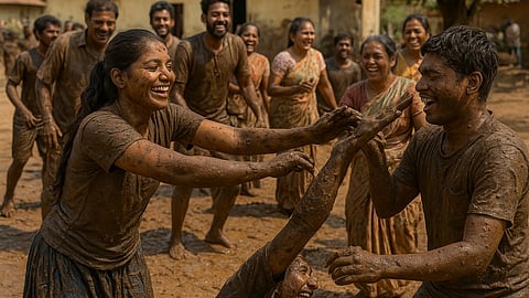 गाँव में लोग गोरे हब्बा के त्योहार में गोबर से खेलते हुए, हंसी-मज़ाक और उत्सव के माहौल का आनंद लेते हुए|