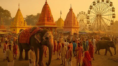 इस तस्वीर में मेला लगा हुआ दिख रहा है, जिस में बहुत सारे झूले, जानवर दिख रहे है और साथ ही लोग भी है 
