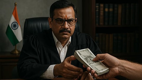 इस तस्वीर में एक जज बैठा है और उसके हाथ में कोई उसे पैसे दे रहा है।   और जज के पीछे इंडिया का तिरंगा भी रखा है 