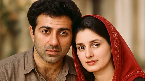 इस फोटो में सनी देओल और पूजा देओल दोनों एक साथ दिख रहें हैं। फोटो में सनी देओल भूरे रंग की शर्ट पहने हुए हैं और पूजा ने अपने सिर पर लाल रंग का दुपट्टा ओढ़ रखा है।