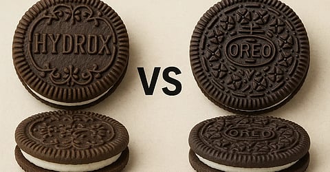 इस फोटो में हाइड्रॉस और ओरियो बिस्कुट को चॉकलेटी रंग में दिखाया गया है और बिस्कुट के बीच में सफेद रंग की क्रीम दिखाई दे रही है।