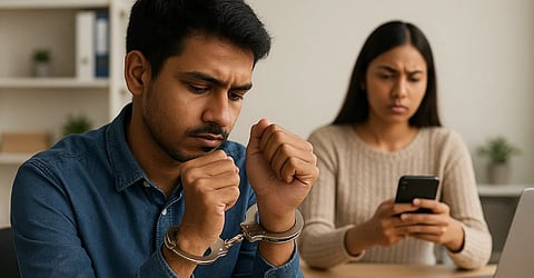 इस तस्वीर में एक लड़के के हाथ में हथकड़ी लगी हुई है, और पीछे की ओर एक लड़की बैठी है जो अपने फोन में कुछ देख रही है।