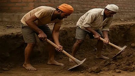 अशोकनगर में खदाई करते लोग, जमीन से मानव कंकाल मिलने का दृश्य|