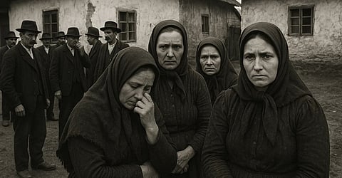 इस तस्वीर में चार महिलाएं किसी चिंता में दिखाई दे रहीं हैं जैसे कुछ गहरा सोच रहीं हों, और उनके पछे बहुत सारे व्यक्ति खड़े हैं। 