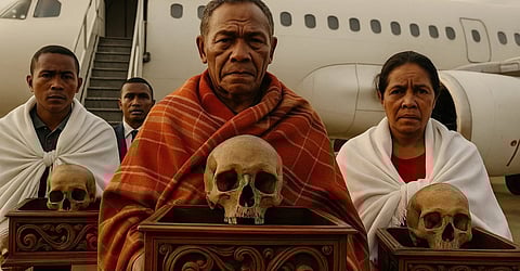 इस तस्वीर में चार व्यक्ति हैं, जिनमें से तीन के हाथों में मानव खोपड़ी है। एक व्यक्ति सबसे पीछे खड़ा है, और जिन तीन लोगों ने खोपड़ी हाथ में ले रखी है, उनमें एक महिला है।