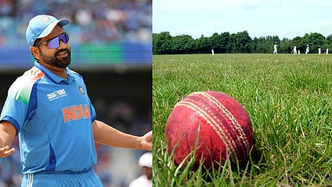 तस्वीर में एक तरफ रोहित शर्मा, तो दूसरी तरफ क्रिकेट के मैदान में गेंद  
