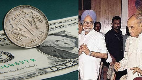 तस्वीर में डॉलर- रुपये की तस्वीर तो दूसरी ओर पीवी नरसिम्हा राव और मनमोहन सिंह 
