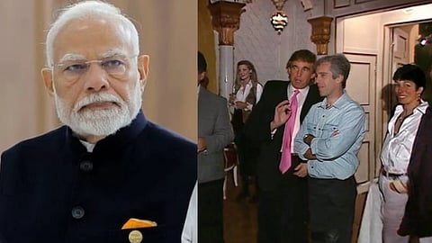 तस्वीर में एक तरफ नरेंद्र मोदी और दूसरी तरफ डोनाल्ड ट्रंप के साथ जेफ्री एपस्टीन