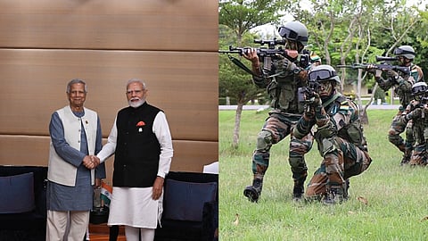 तस्वीर में एक तरफ मोहम्मद यूनुस और नरेंद्र मोदी, दूसरी तरफ इंडियन आर्मी 
