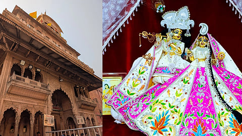 एक तरफ बांके बिहारी मंदिर और दूसरी तरफ भगवान की तस्वीर 
