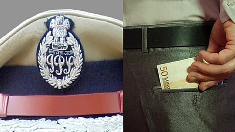 एक तरफ पुलिस की टोपी, दूसरी तरफ रिश्वत लेता व्यक्ति 
