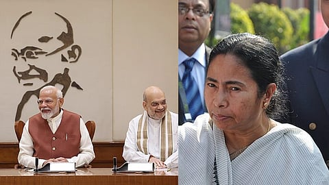 तस्वीर में एक तरफ नरेंद्र मोदी-अमित शाह, दूसरी तरफ ममता बनर्जी 
