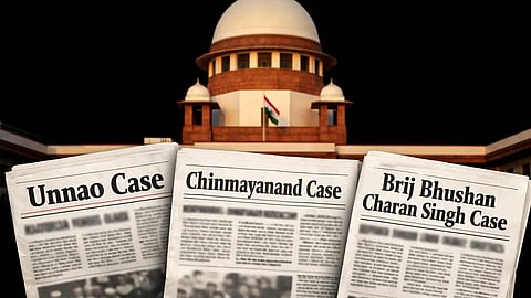 बैकग्राउंड में सुप्रीम कोर्ट की तस्वीर और अखबार में कुछ बलात्कार के मामलों की हेडिंग
