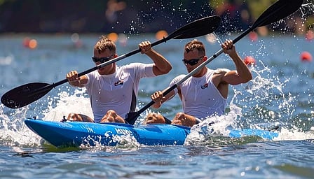 कैनो स्प्रिंट प्रतियोगिता में खिलाड़ी पानी में रेस लगाते हुए|