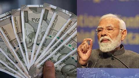 तस्वीर में एक तरफ प्रधानमंत्री नरेंद्र मोदी, दूसरी तरफ पैसा 

