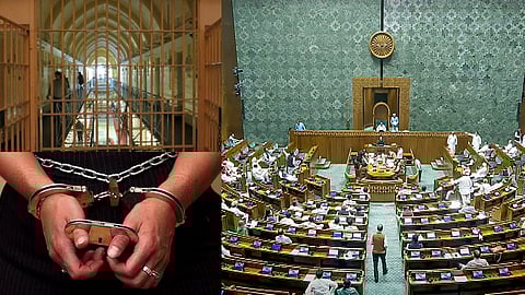 जेल की तस्वीर के साथ हथकड़ी लगाए हुआ व्यक्ति, साथ ही लोकसभा की तस्वीर 
