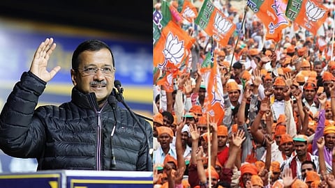 तस्वीर में अरविन्द केजरीवाल और बीजेपी पार्टी का झंडा 
