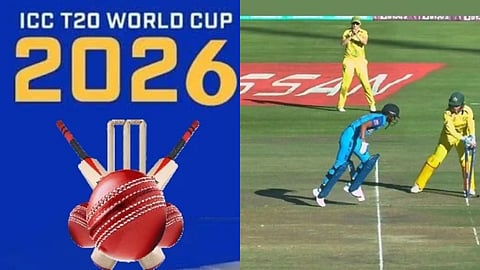 तस्वीर में भारत-ऑस्ट्रेलया का मैच और टी20 वर्ल्ड कप 2026 का लोगो 
