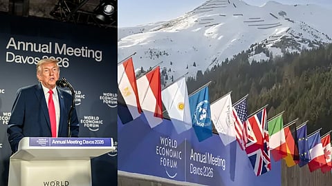 तस्वीर में डोनाल्ड ट्रंप और कई देशों का झंडा 
