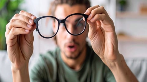 तस्वीर में एक व्यक्ति हाथ में चश्मा लिए हुए 
