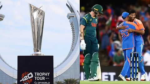 टी20 विश्व कप ट्रॉफी के साथ भारत-ऑस्ट्रेलिया मैच की तस्वीर 