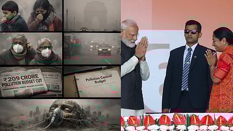 तस्वीर में दिल्ली का प्रदूषण और नरेंद्र मोदी-रेखा गुप्ता 
