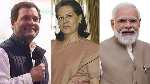 इस तस्वीर में राहुल गाँधी, सोनिया गाँधी और नरेंद्र मोदी को देखा जा सकता है। 